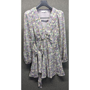 ASTR the Label Long Sleeve Tie V Neck Mini Dress Purple Multi Floral Size M